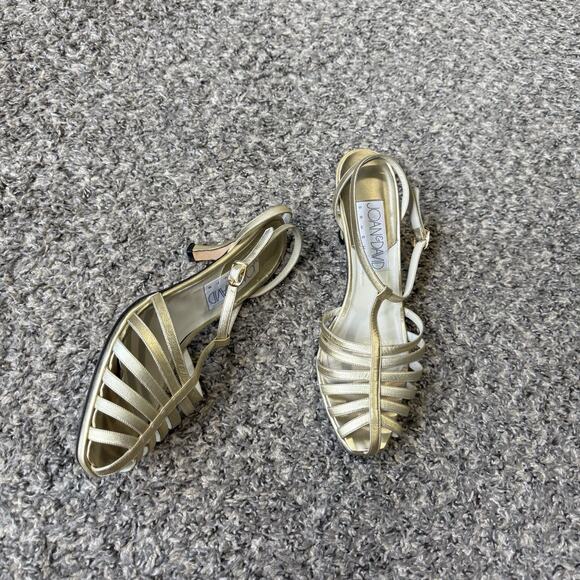 Joan & David Shoes - Vintage Gold Metallic Strappy Ankle Strap Kitten Heels Size 8.5 Formal Y2K 90s